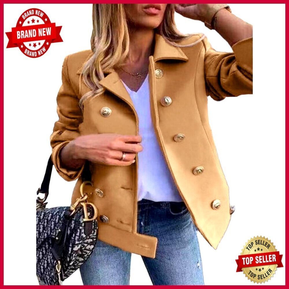 Cropped Wool Pea Coat Double Breasted Blazer Jacket Women's Fall Winter